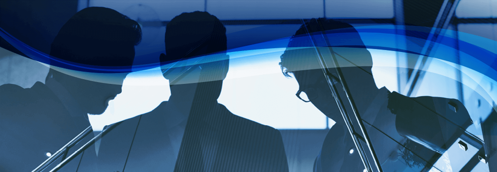 Silhouettes of suited attendees near glass railings inside a modern conference venue, monochrome olive and blue tones
