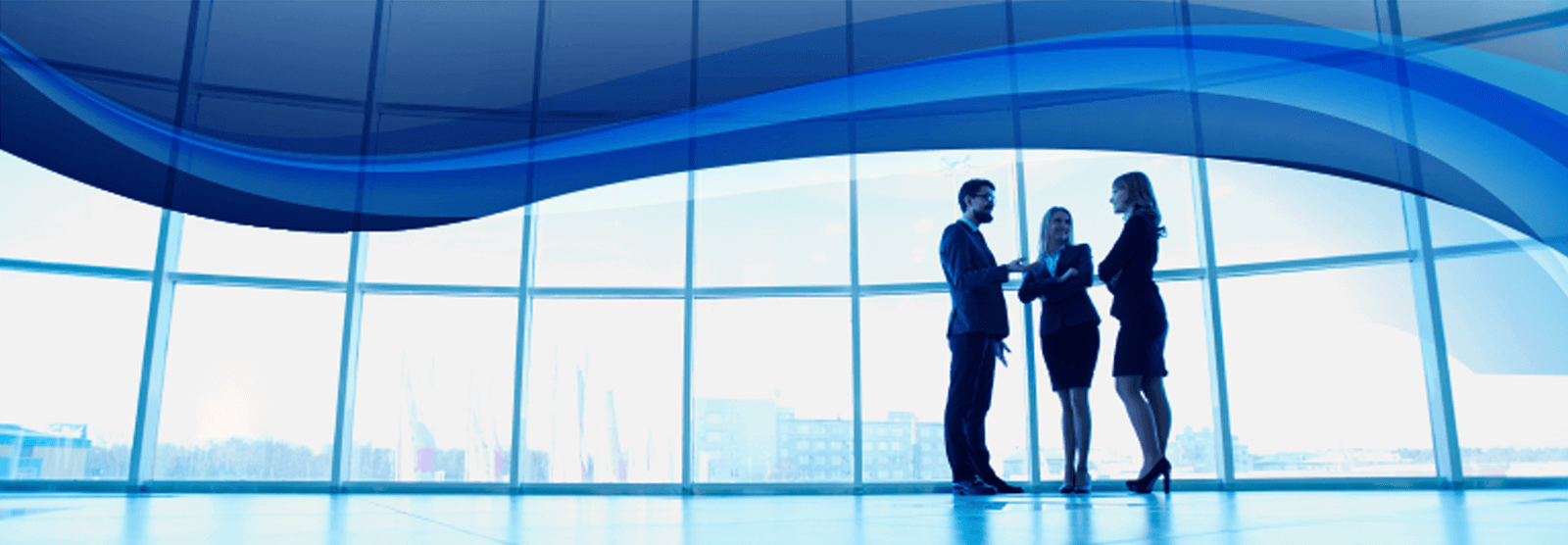 Bright glass-walled conference hall with silhouettes of three professionals in conversation, soft daylight and blue accents
